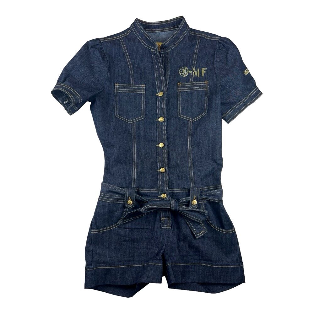 Mecca Femme Romper Women/ Jr Sz 7/8 Denim Shortall Collared Belted Y2k Hip-Hop